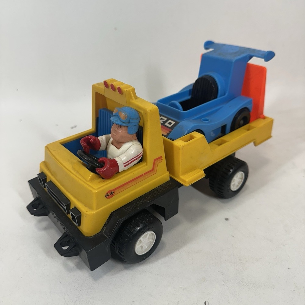 Vintage 1978 Fisher Price No. 320 Husky Helpers Race Car Rig & Hauler